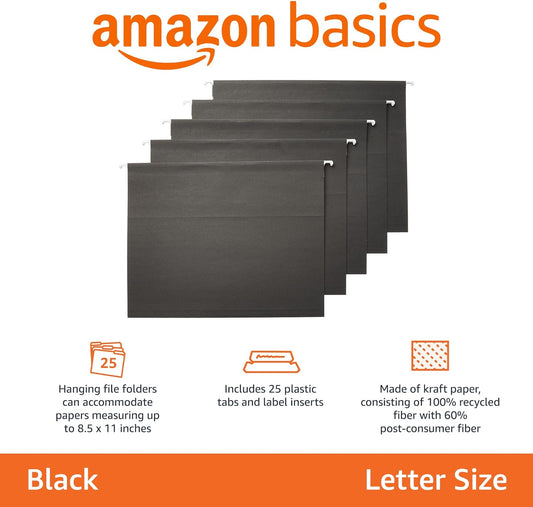 Amazon Basics Hanging File Folders with Adjustable Tabs for Document Organization, Letter Size, 8.5x11 inches, Black, 25-Pack