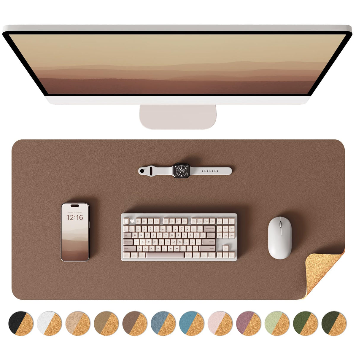 YSAGi Double-Sided Desk Pad, 31.5"x15.7"Leather Desk Mat, Eco Cork Desk Pad Protector,Large Mouse Pad,Waterproof Desk Blotter for Office/Home(Coffee)