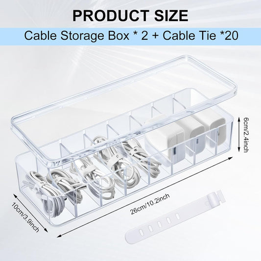Tatuo Cord Organizer Box with Lid, Clear, 2 Pack