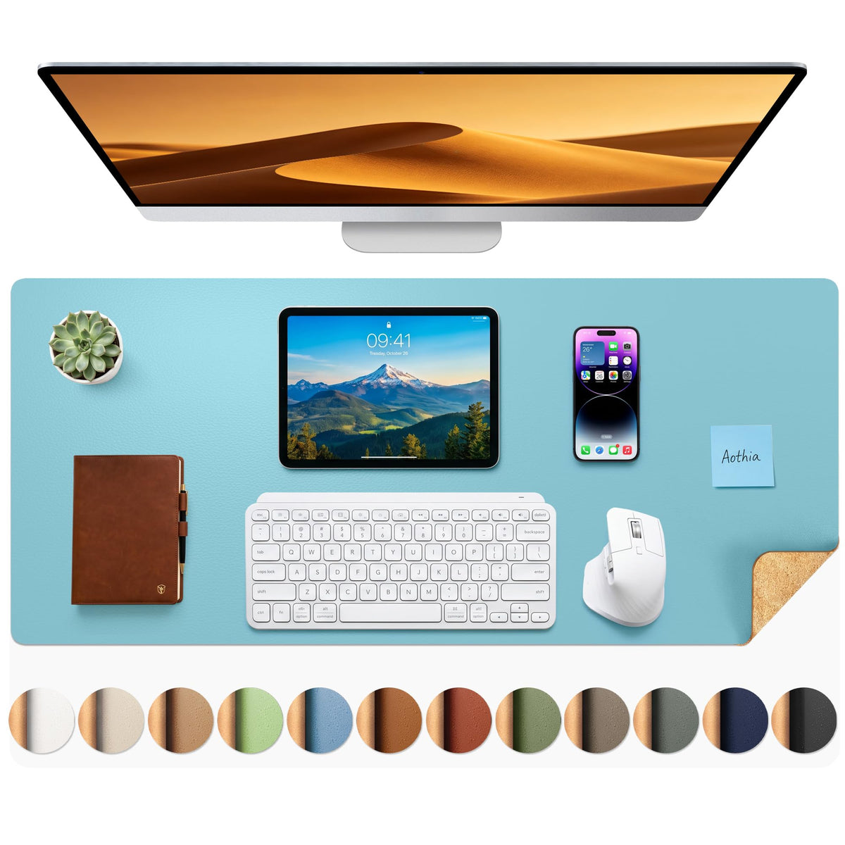 Aothia Double-Sided Desk Pad, 35.4" x 15.7"Leather Desk Mat, Eco Cork Desk Pad Protector,Large Mouse Pad,Waterproof Desk Blotter for Office/Home(Brown)