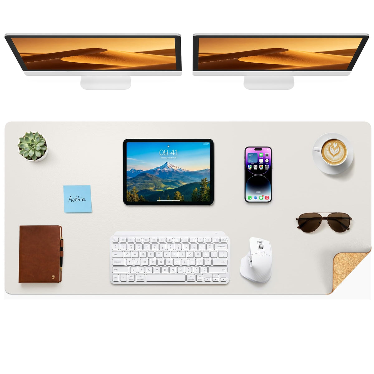 Aothia Double-Sided Desk Pad, 35.4" x 15.7"Leather Desk Mat, Eco Cork Desk Pad Protector,Large Mouse Pad,Waterproof Desk Blotter for Office/Home(Brown)