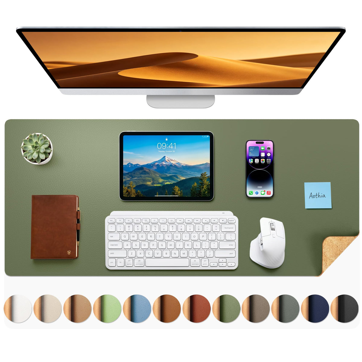 Aothia Double-Sided Desk Pad, 35.4" x 15.7"Leather Desk Mat, Eco Cork Desk Pad Protector,Large Mouse Pad,Waterproof Desk Blotter for Office/Home(Brown)