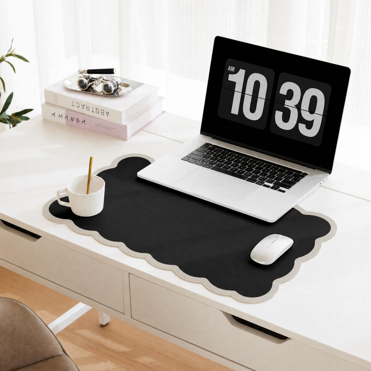 Scalloped Desk Mat, 31.5" x 15.7" Large Cute Aesthetic Desk Accessories, PU Leather Computer Laptop Desk Mouse Keyboard Pad, Desk Writing Mat for Vanity/Work/Home Decor (Beige, 31.5" x 15.7")