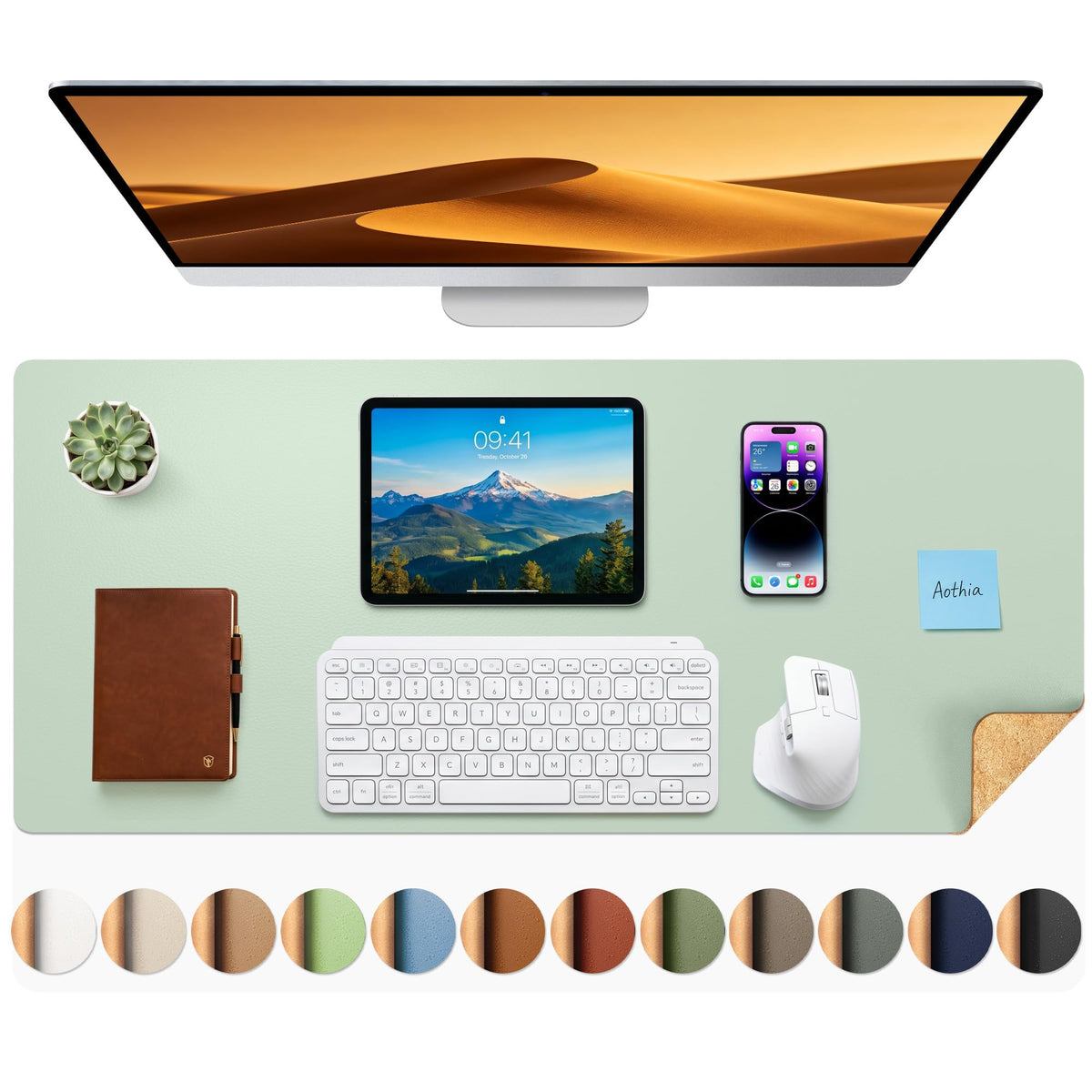 Aothia Double-Sided Desk Pad, 35.4" x 15.7"Leather Desk Mat, Eco Cork Desk Pad Protector,Large Mouse Pad,Waterproof Desk Blotter for Office/Home(Brown)