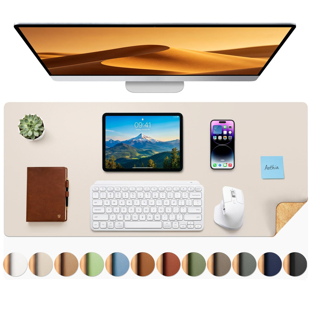 Aothia Double-Sided Desk Pad, 35.4" x 15.7"Leather Desk Mat, Eco Cork Desk Pad Protector,Large Mouse Pad,Waterproof Desk Blotter for Office/Home(Brown)