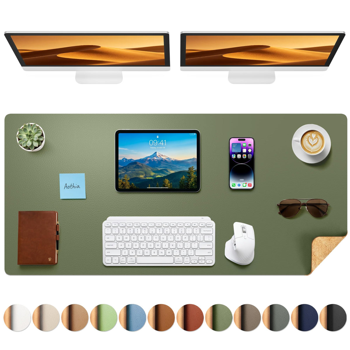 Aothia Double-Sided Desk Pad, 35.4" x 15.7"Leather Desk Mat, Eco Cork Desk Pad Protector,Large Mouse Pad,Waterproof Desk Blotter for Office/Home(Brown)