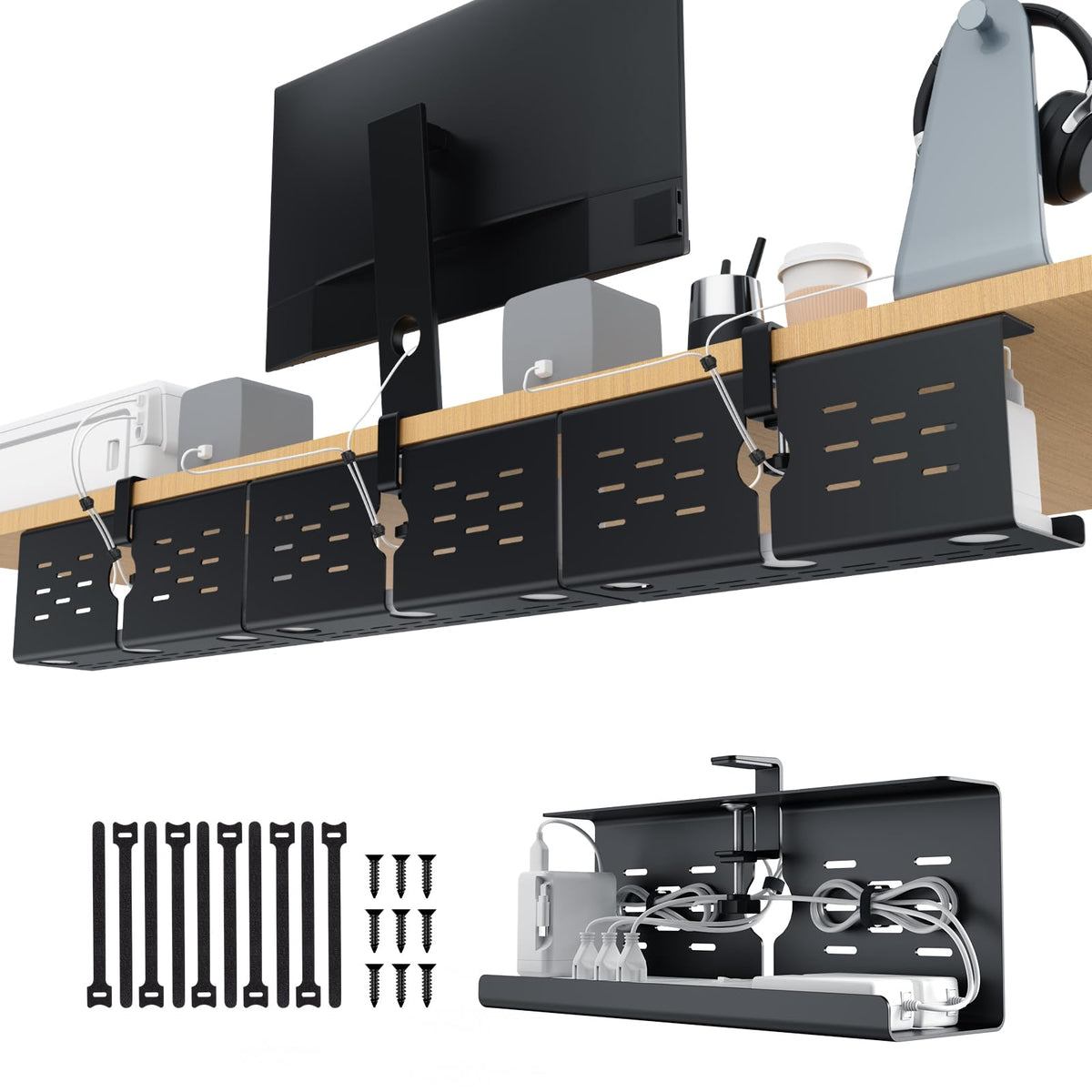 KEEGH 16 in Under Desk Cable Management Tray, Metal Cord Organizer, 2 Pack