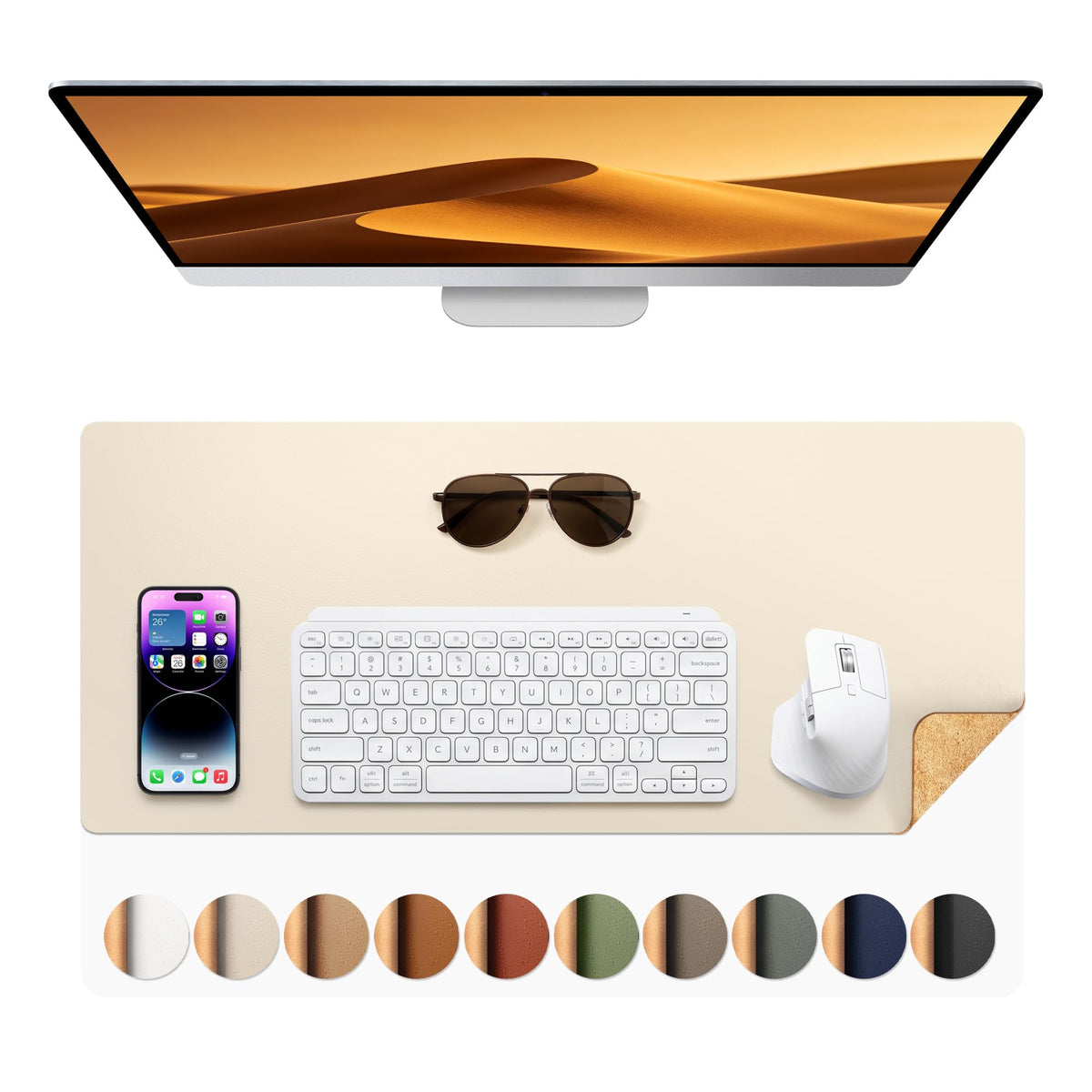 Aothia Double-Sided Desk Pad, 35.4" x 15.7"Leather Desk Mat, Eco Cork Desk Pad Protector,Large Mouse Pad,Waterproof Desk Blotter for Office/Home(Brown)