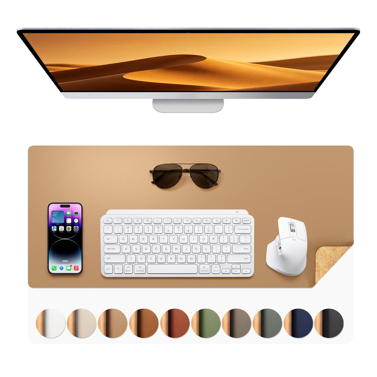 Aothia Double-Sided Desk Pad, 35.4" x 15.7"Leather Desk Mat, Eco Cork Desk Pad Protector,Large Mouse Pad,Waterproof Desk Blotter for Office/Home(Brown)