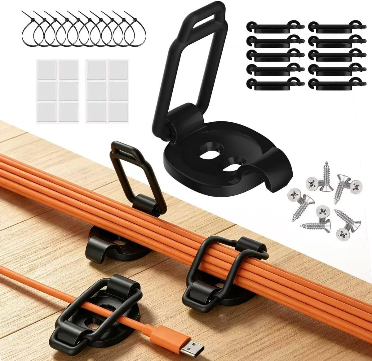 Adjustable Cable Management Clips, 52 Piece Cord Holder Kit, 10 Pack, Black
