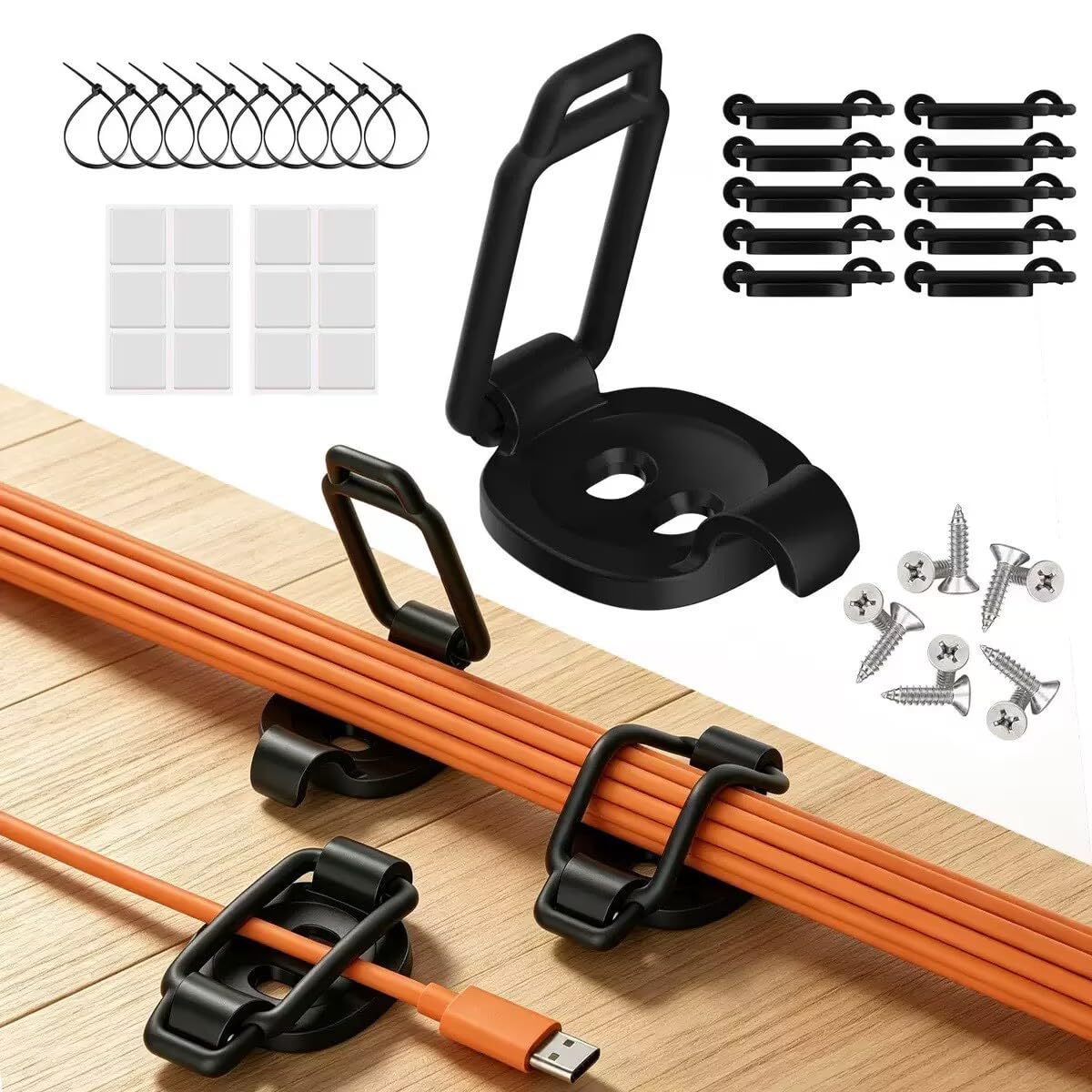 Adjustable Cable Management Clips, 52 Piece Cord Holder Kit, 10 Pack, Black