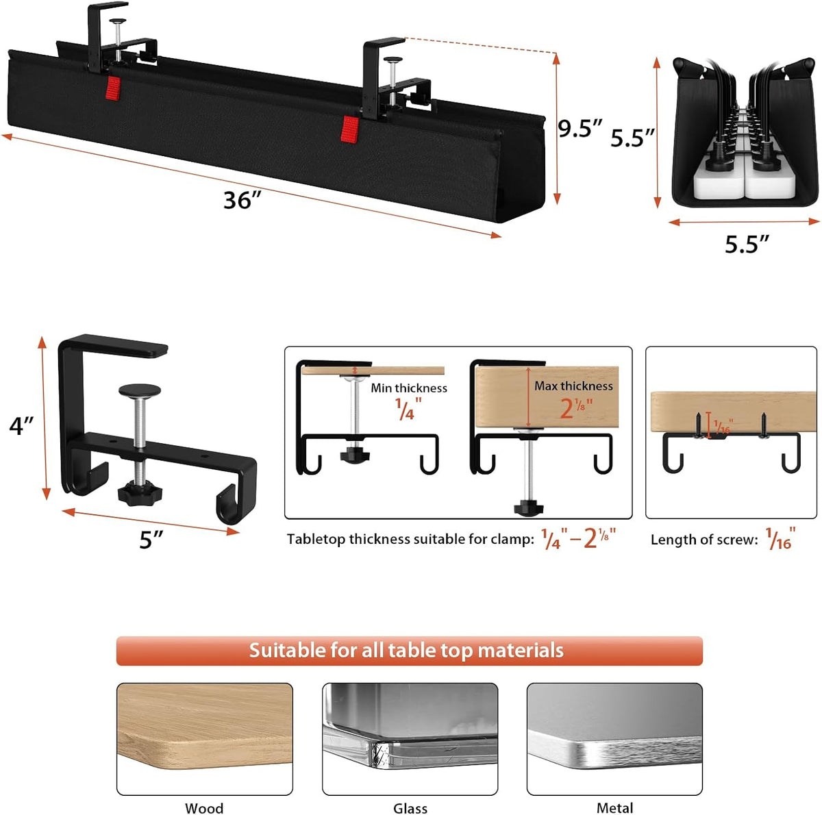 Univivi No Drill Under Desk Cable Management Tray, 36 inch Cable Management