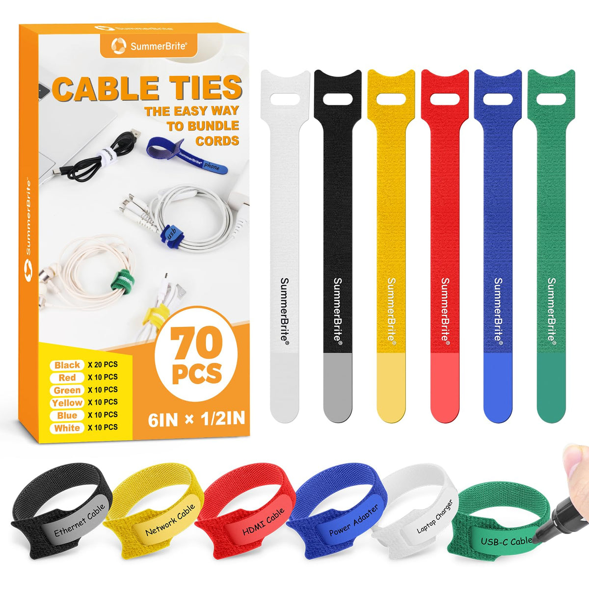 Cable Ties with Writable Labels, Wire Management, Black, 70 PCS, 6 IN