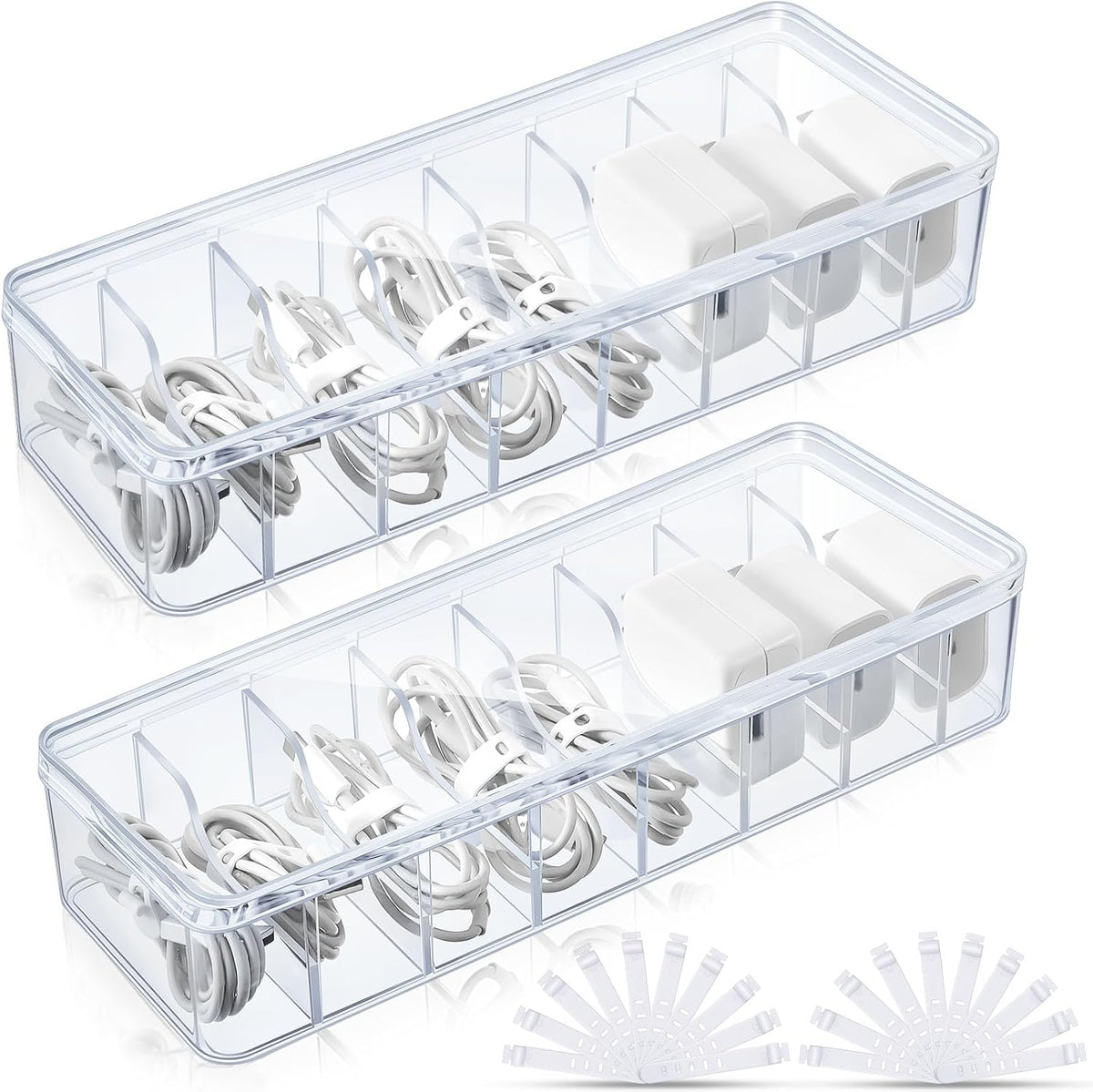 Tatuo Cord Organizer Box with Lid, Clear, 2 Pack