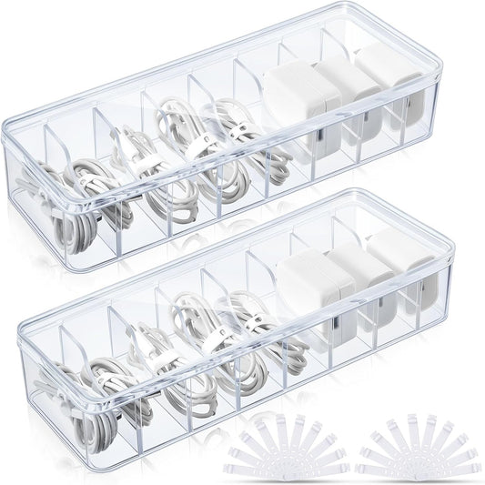 Tatuo Cord Organizer Box with Lid, Clear, 2 Pack