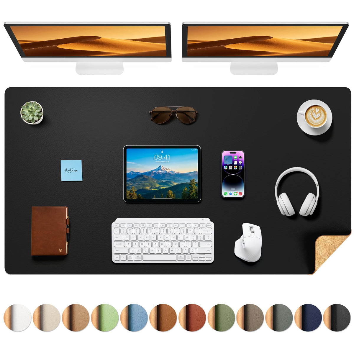 Aothia Double-Sided Desk Pad, 35.4" x 15.7"Leather Desk Mat, Eco Cork Desk Pad Protector,Large Mouse Pad,Waterproof Desk Blotter for Office/Home(Brown)