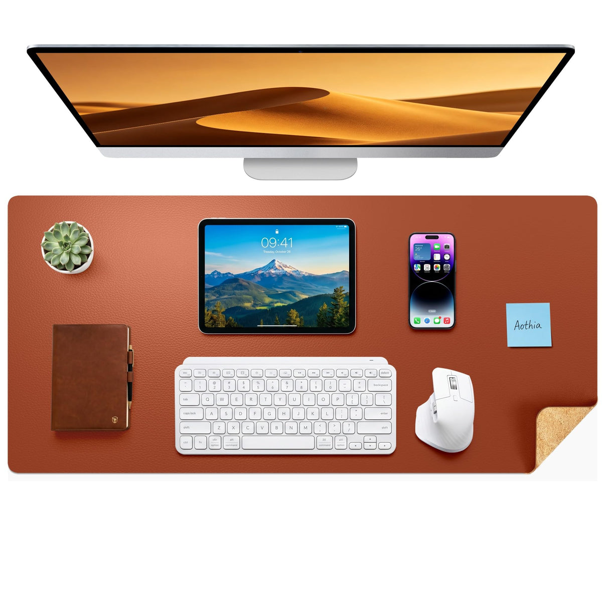Aothia Double-Sided Desk Pad, 35.4" x 15.7"Leather Desk Mat, Eco Cork Desk Pad Protector,Large Mouse Pad,Waterproof Desk Blotter for Office/Home(Brown)