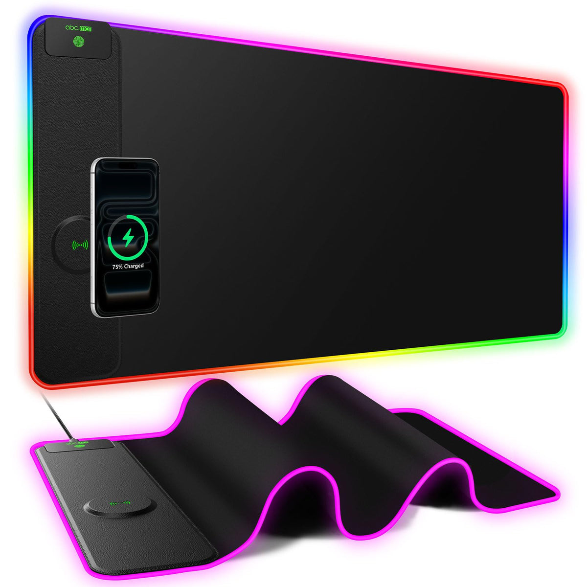 Wireless Charging Mouse Pad with Foldable Phone Holder, 31.5"x15.8", Black