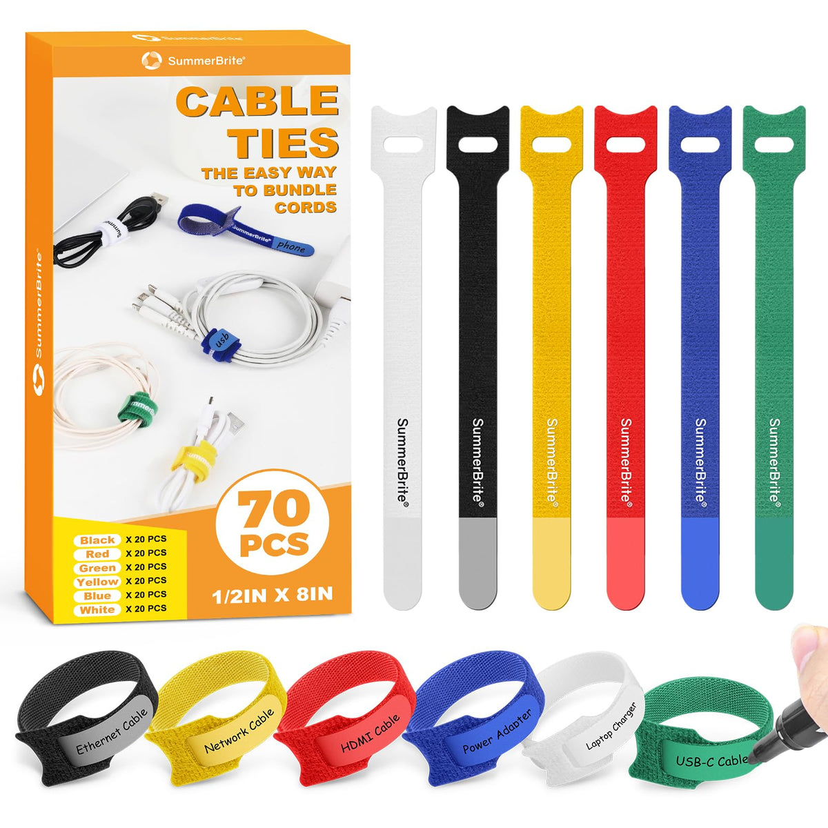 Cable Ties with Writable Labels, Wire Management, Black, 70 PCS, 6 IN