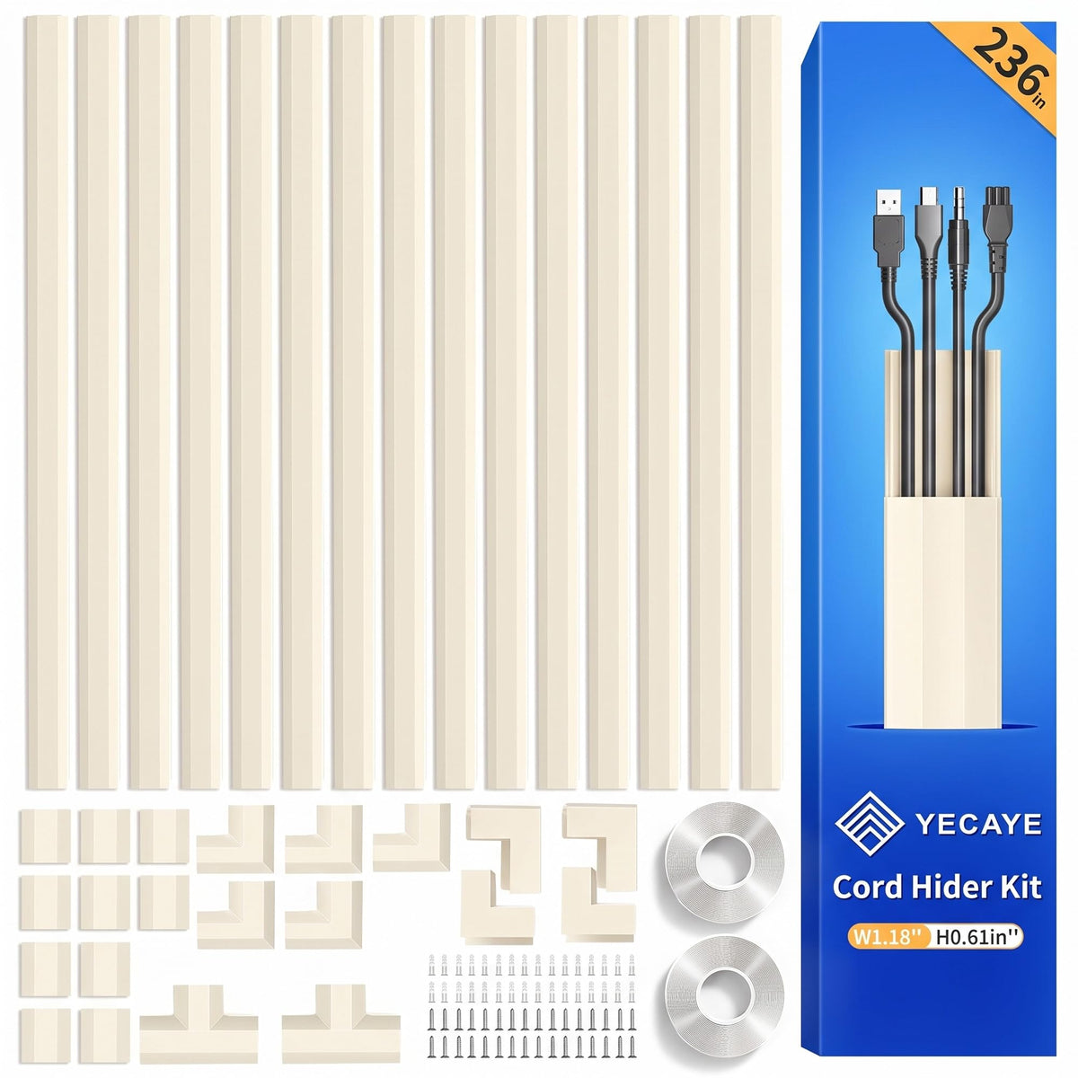 Yecaye TV Cord Hider, 42in Cord Cover Wall Mounted, W1.18in H0.6in, White