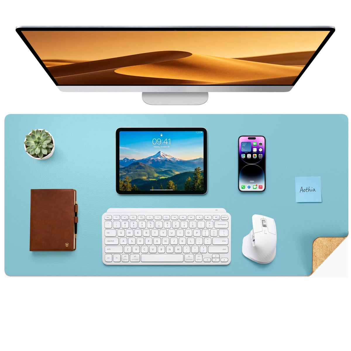 Aothia Double-Sided Desk Pad, 35.4" x 15.7"Leather Desk Mat, Eco Cork Desk Pad Protector,Large Mouse Pad,Waterproof Desk Blotter for Office/Home(Brown)