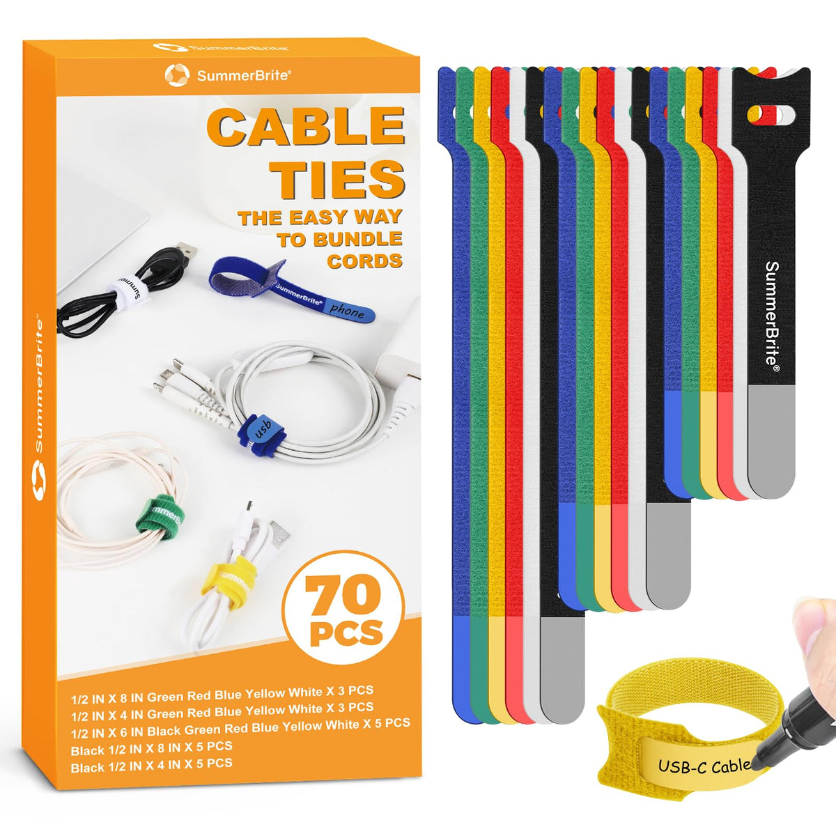 Cable Ties with Writable Labels, Wire Management, Black, 70 PCS, 6 IN