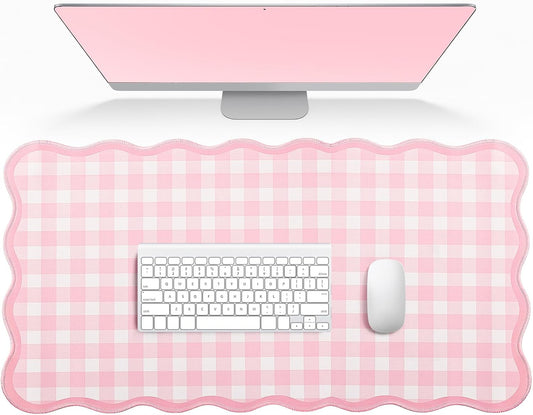 Scalloped Gingham Pink Desk Mat,Large Cute Desk Pad for Keyboard Mouse,Girly Mouse Pad for Desktop Office