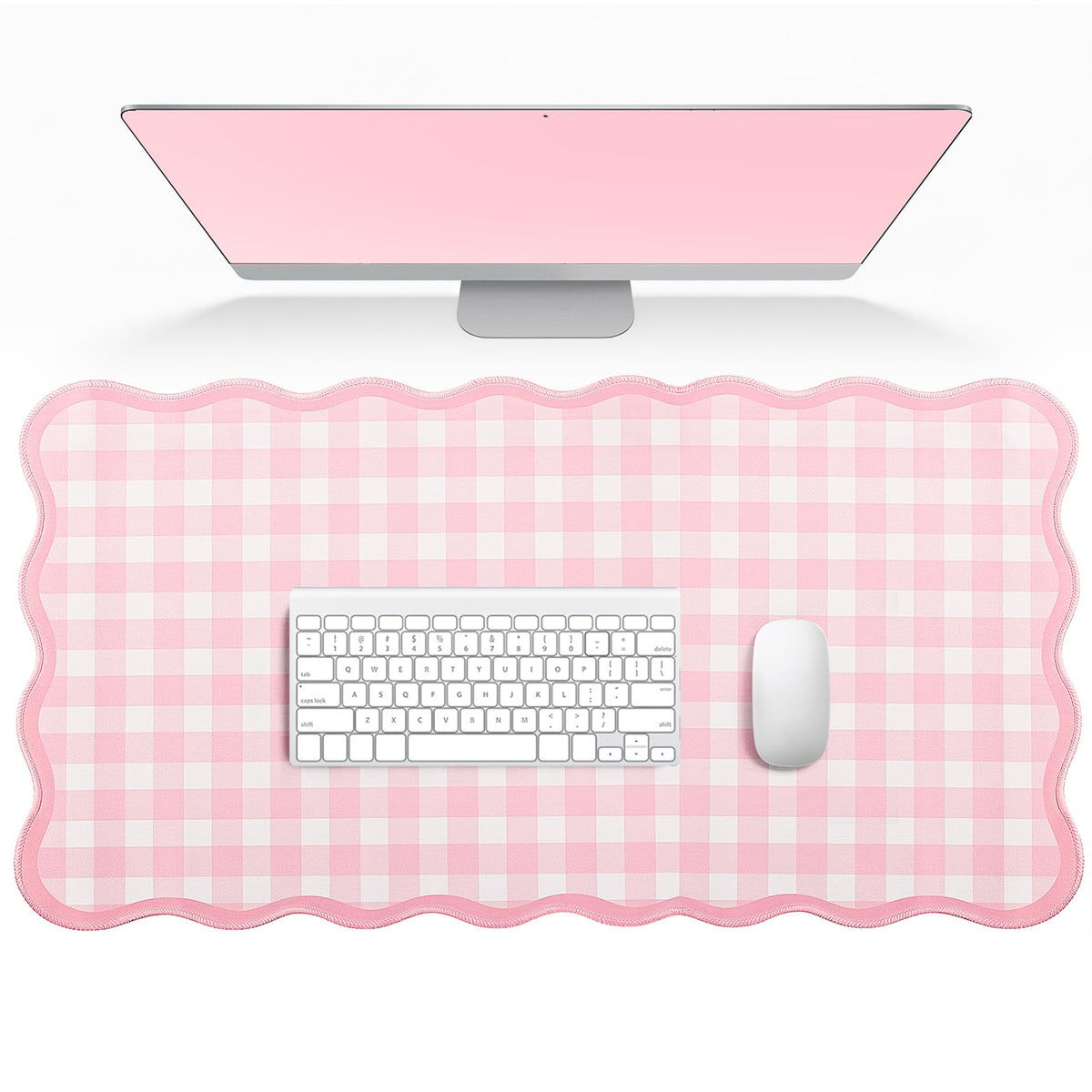 Scalloped Gingham Pink Desk Mat,Large Cute Desk Pad for Keyboard Mouse,Girly Mouse Pad for Desktop Office