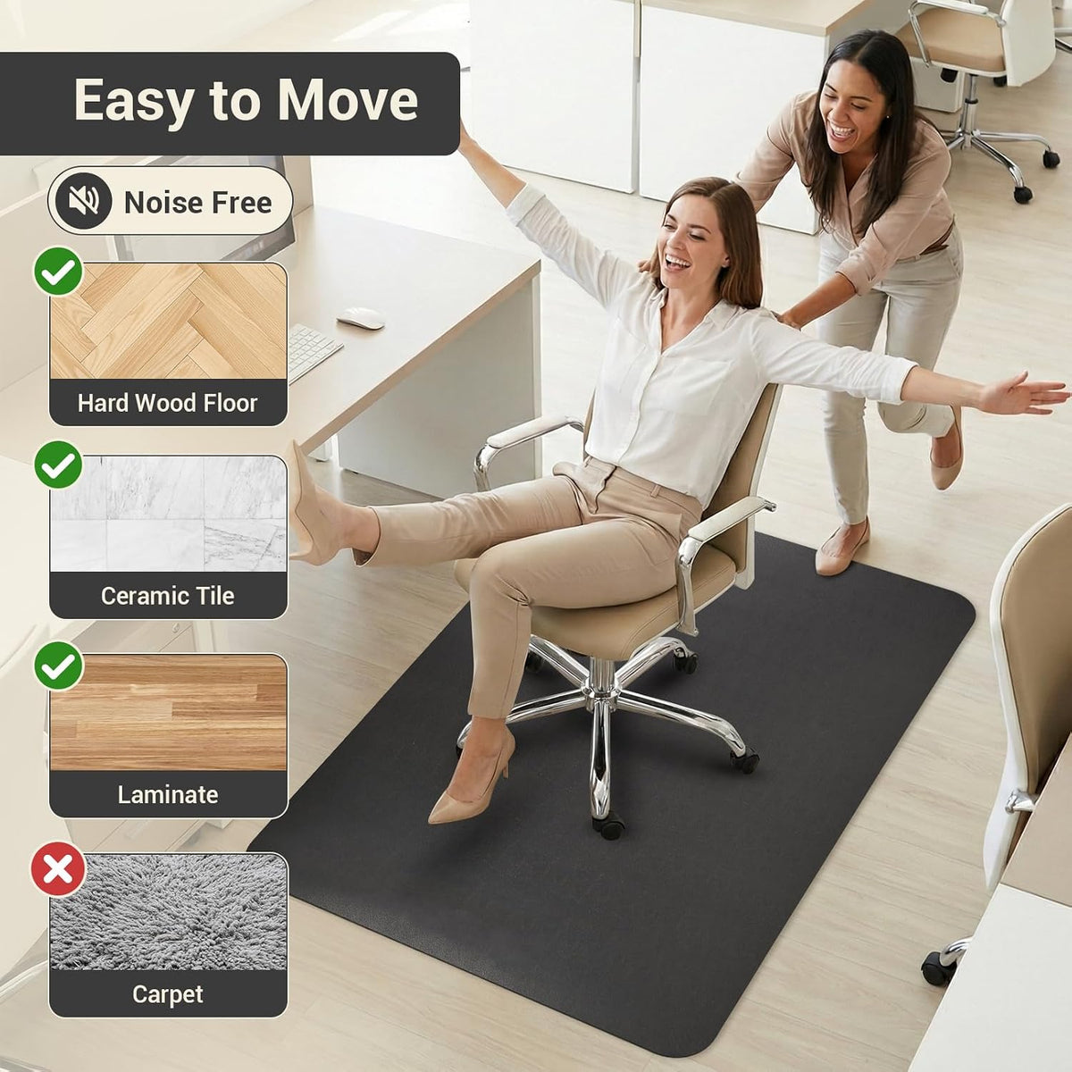 Office Rolling Chair Mat for Hardwood and Tile Floor, Black, Anti-Slip, Non-Curve, Chair Mat Best for Under the Computer Desk, 47 x 35 Rectangular Non-Toxic Plastic Protector, Not for Carpet