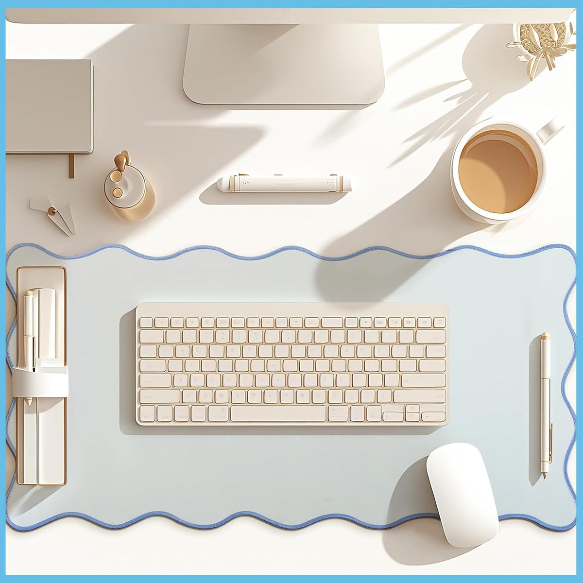 Hahafelt Large Scalloped Desk Mat Pad, Blue, 31.5 x 15.8 Inches