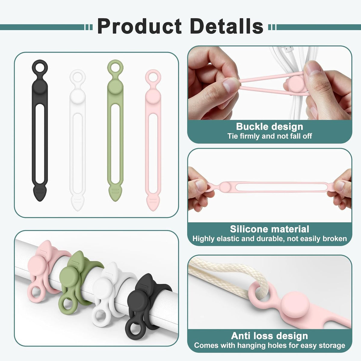 20PCS Silicone Cable Ties, Reusable Cord Organizer Cable Management