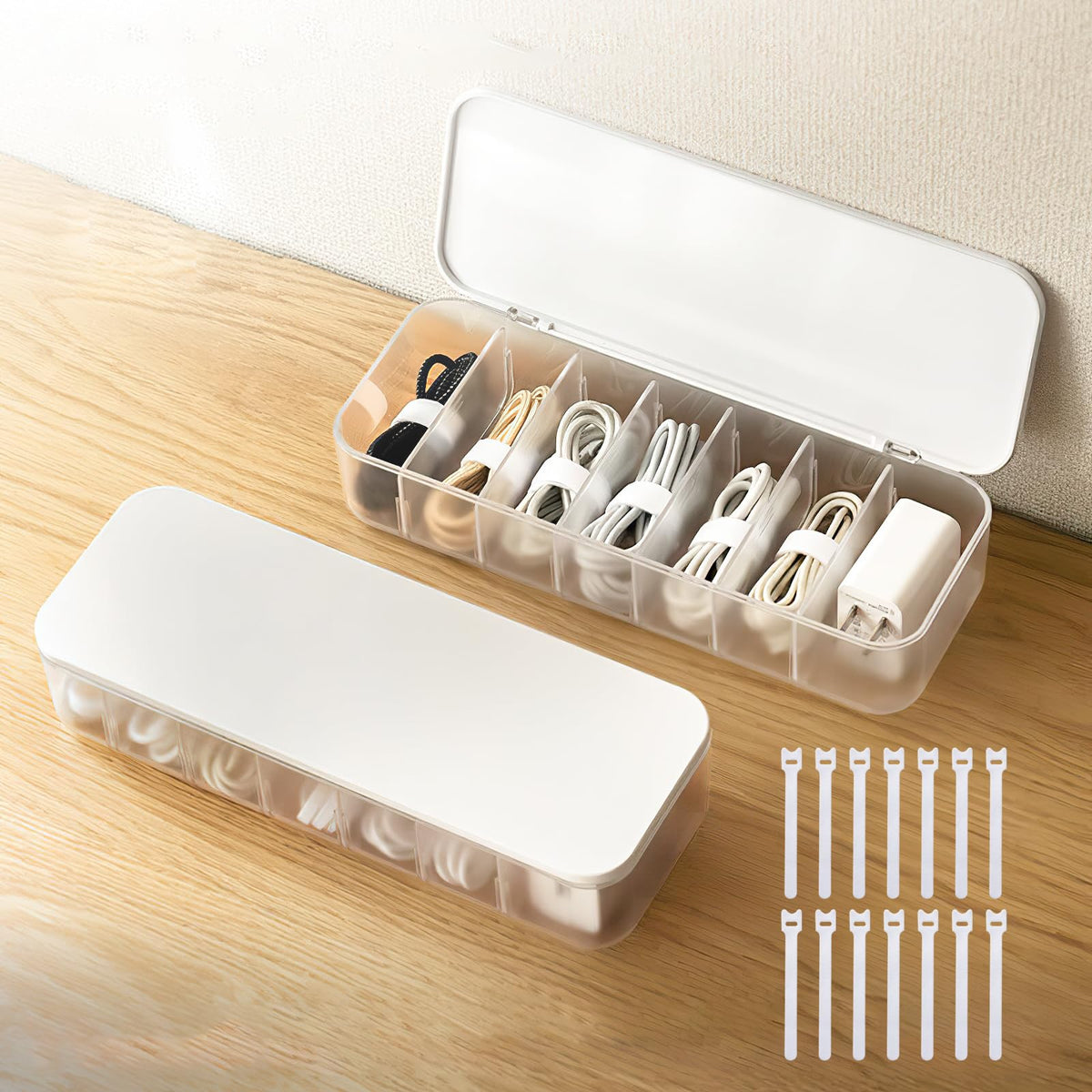 PAVSTINE Cable Organizer Storage Box with Lid, 7 Wire Ties, White