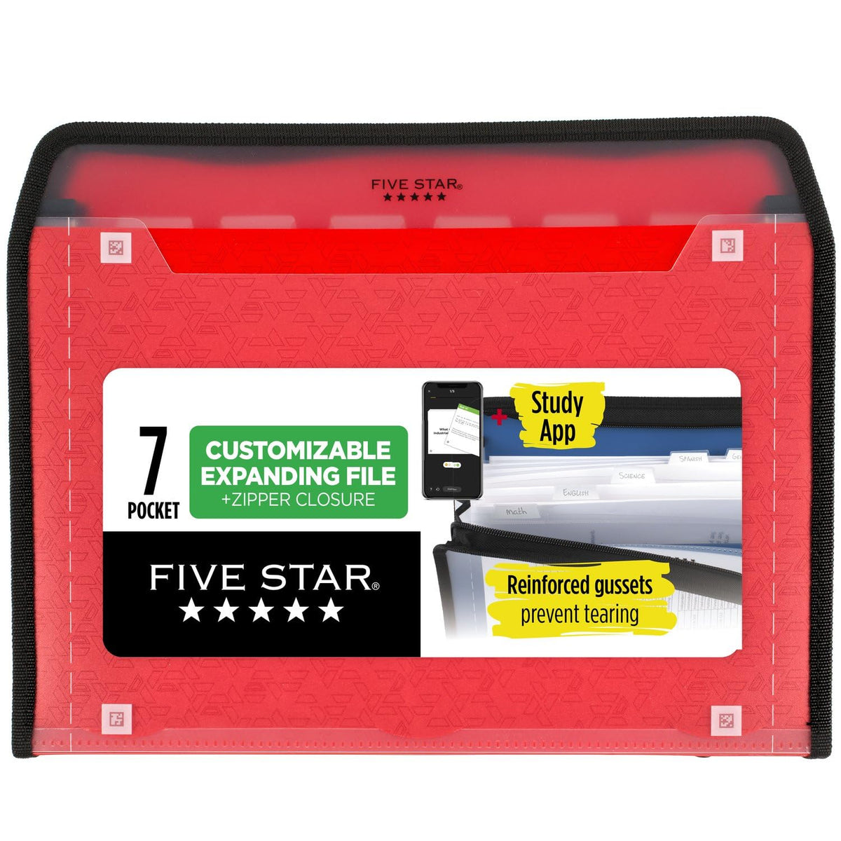Five Star Expanding File Organizer + Study App, 7-Pocket Accordian File Organizer, Zipper Closure, Holds 8-1/2" x 11" Paper, Black (72709)