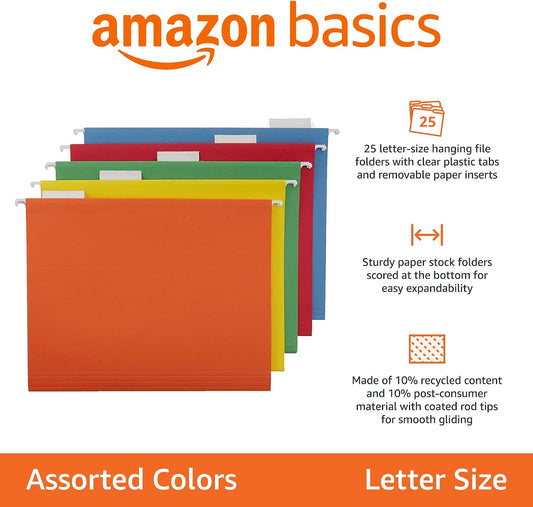Amazon Basics Hanging File Folders with Adjustable Tabs, Sturdy Expandable Document Organizer, Letter Size, Assorted Colors, 25-Pack