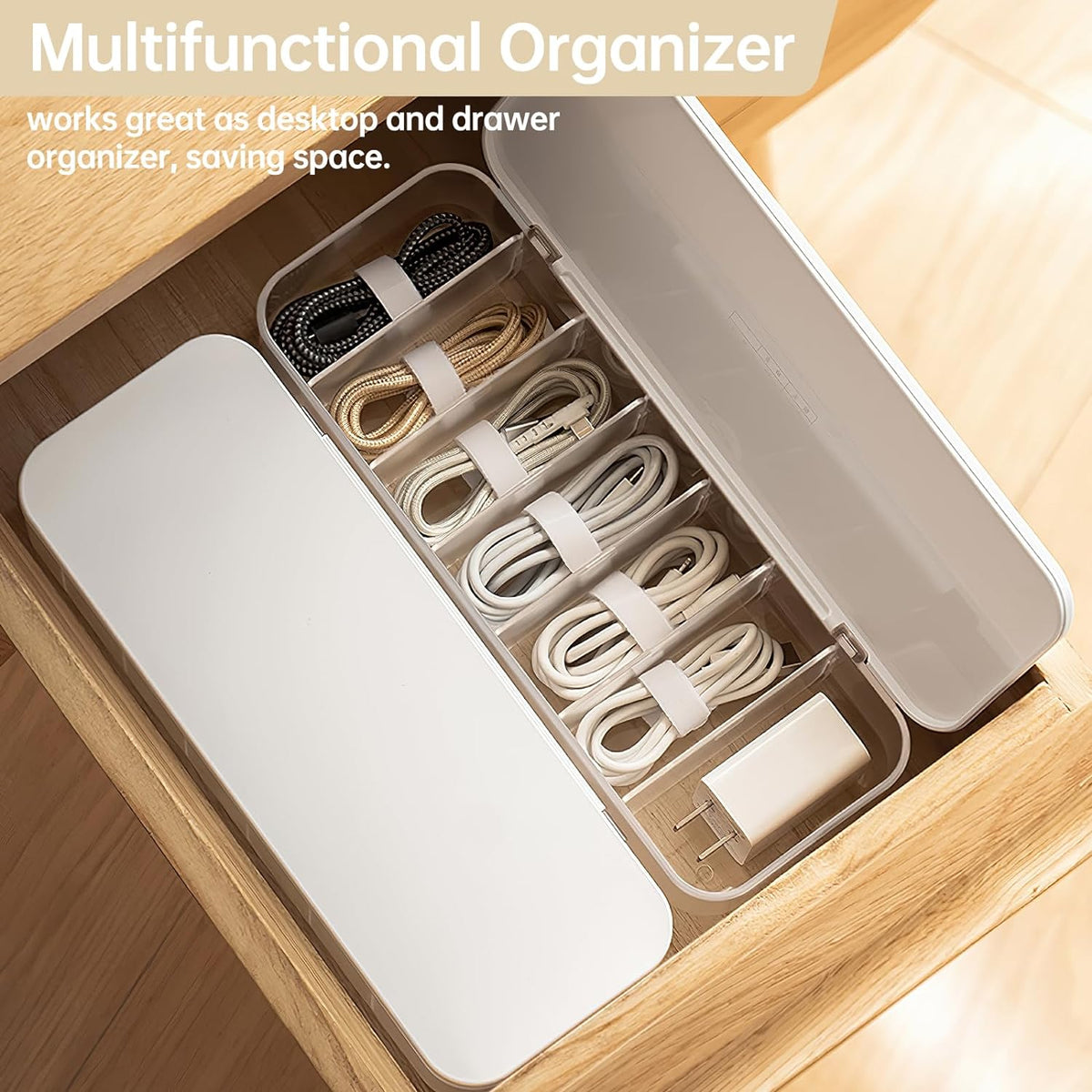 PAVSTINE Cable Organizer Storage Box with Lid, 7 Wire Ties, White