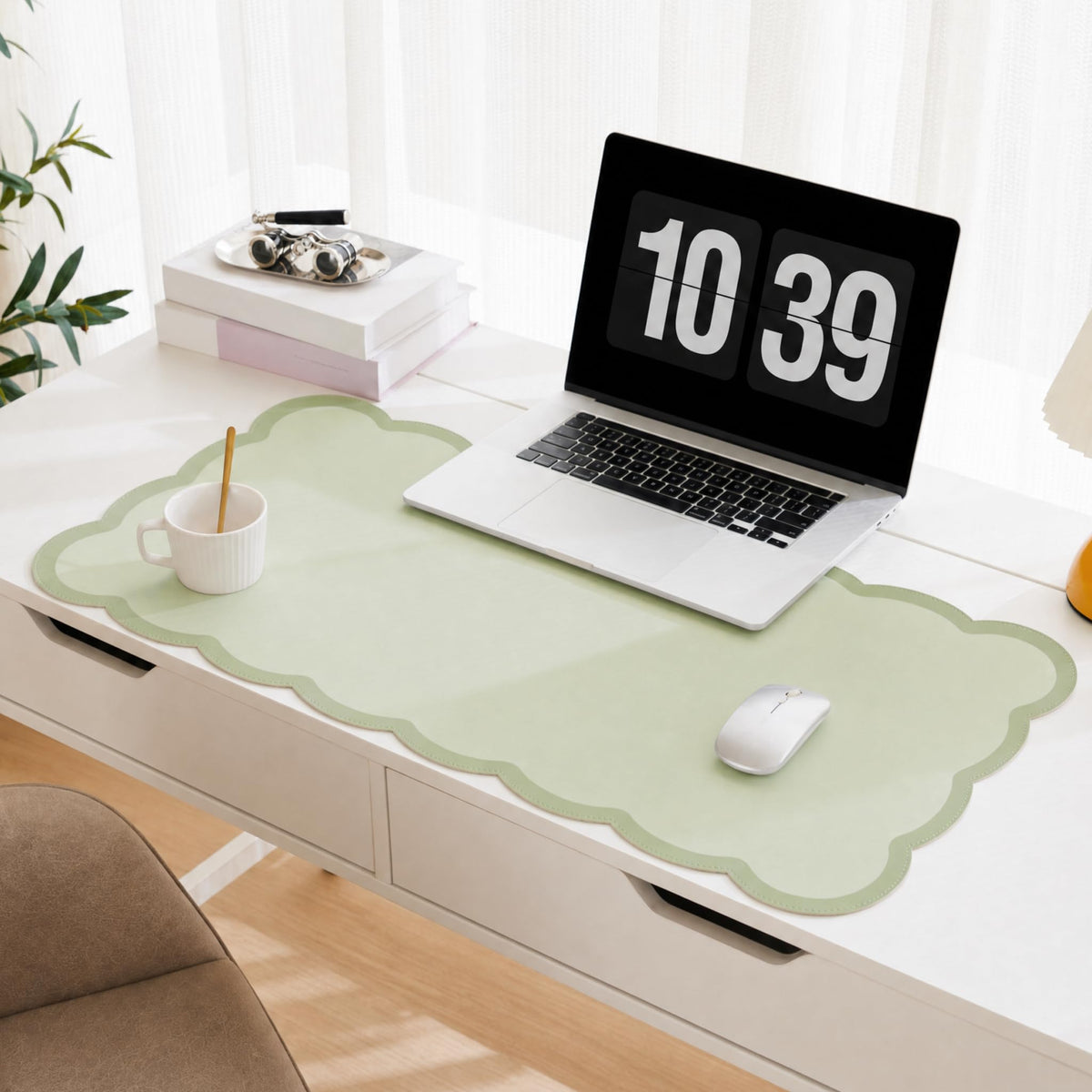 Scalloped Desk Mat, 31.5" x 15.7" Large Cute Aesthetic Desk Accessories, PU Leather Computer Laptop Desk Mouse Keyboard Pad, Desk Writing Mat for Vanity/Work/Home Decor (Beige, 31.5" x 15.7")