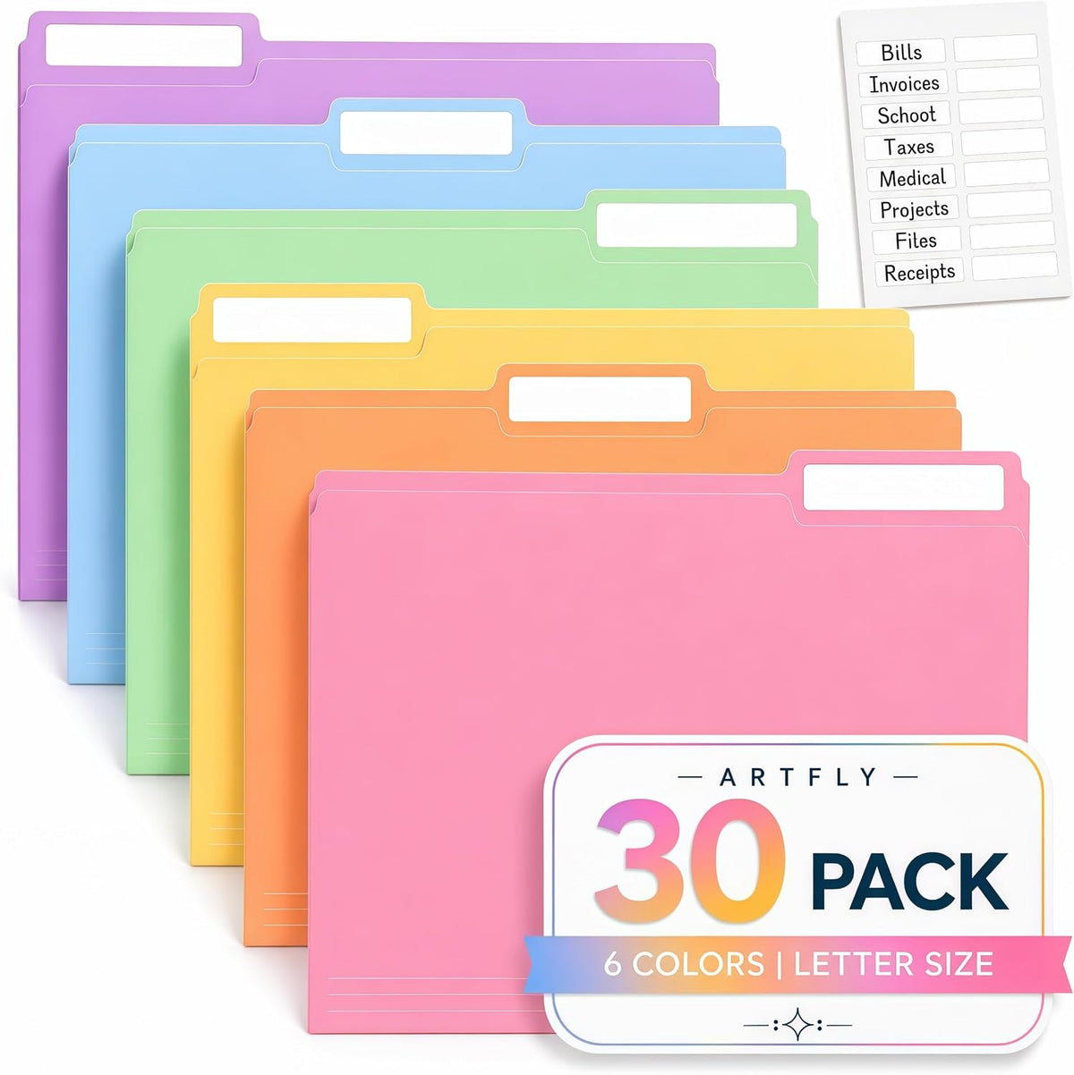 Colored File Folders,30 Pack Manilla Folders 8.5 x 11, 1/3 Cut Tabs