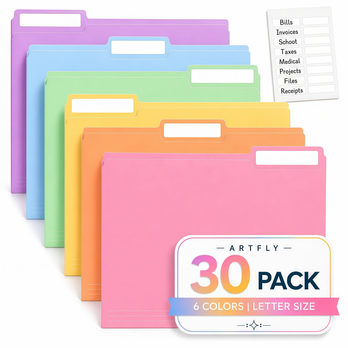 Colored File Folders,30 Pack Manilla Folders 8.5 x 11, 1/3 Cut Tabs