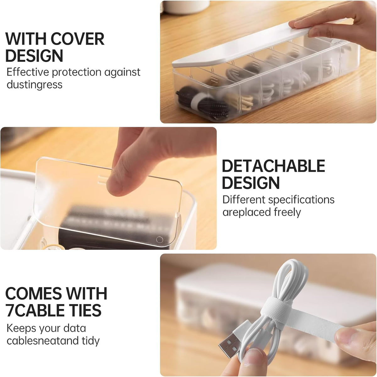 PAVSTINE Cable Organizer Storage Box with Lid, 7 Wire Ties, White