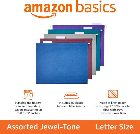Amazon Basics Hanging File Folders with Adjustable Tabs for Document Organization, Letter Size, Assorted Jewel-Tone Colors, 25-Pack