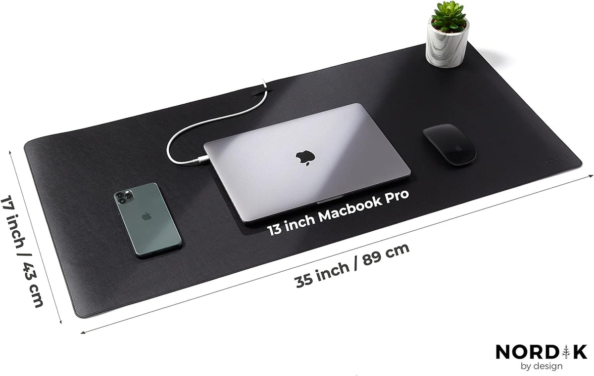 Nordik Leather Desk Mat - Pebble Black - Large Leather Desk Pad 35x17 in