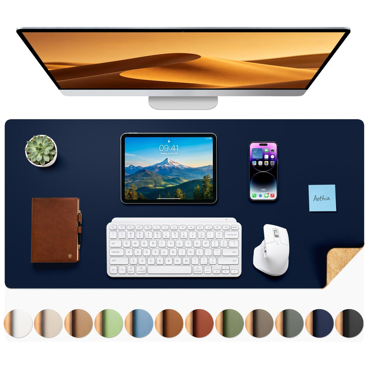 Aothia Double-Sided Desk Pad, 35.4" x 15.7"Leather Desk Mat, Eco Cork Desk Pad Protector,Large Mouse Pad,Waterproof Desk Blotter for Office/Home(Brown)