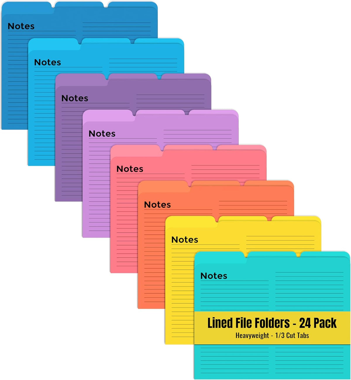 Better Office Products Lined File Folders, 24 Pack, Notes Tabbed File Folders, 1/3 Cut Tabs, 8 Vibrant Colors, Heavyweight, Letter Size Folders, 9.5" x 11.5", Left/Center/Right Set Per Color,
