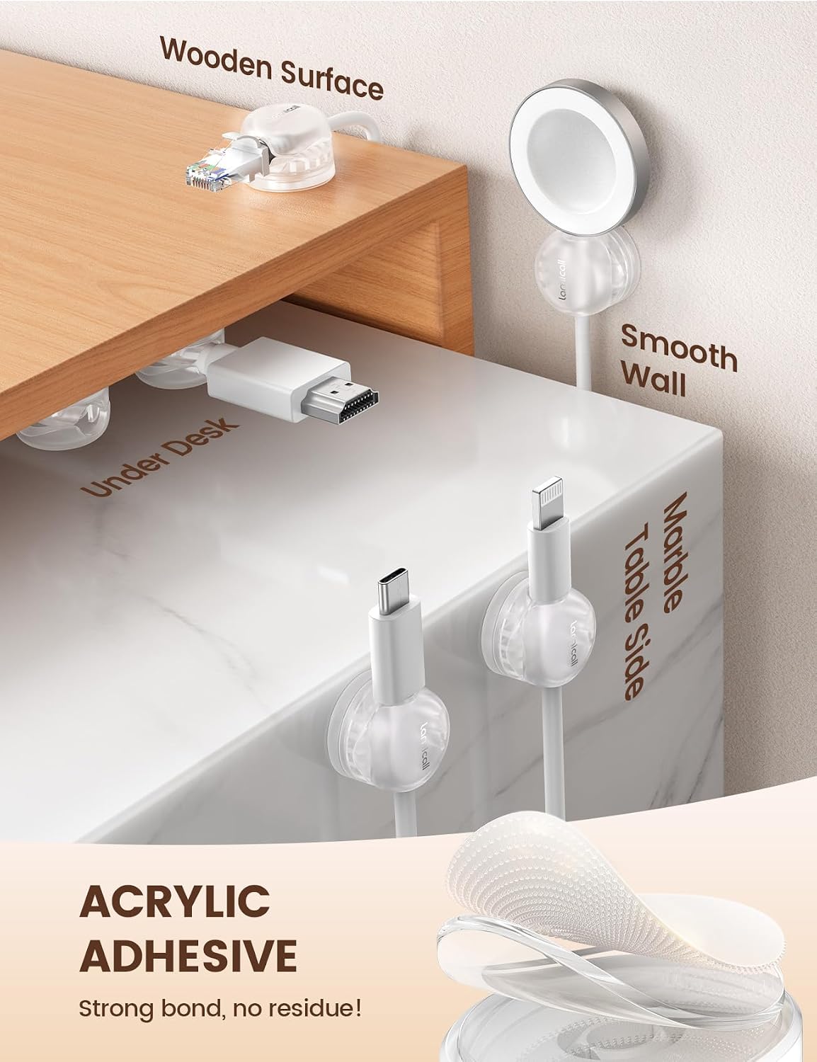 Lamicall 6Pack Clear Rotatable Cord Organizer, [1s Lock] Spring Cable Clips