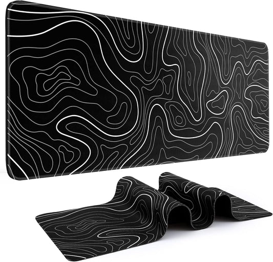 DIGSOM Gaming Mouse Pad, Black with White Topographic Line, 31.5x11.8in