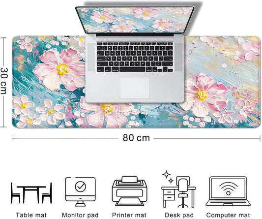 Large Mouse Pad Mousepad, Pink Flowers in a Blue Desk Mats for Desktop, Watercolor Beautiful Floral Laptop Computer Desk Pad, Non-Slip Rubber Base Desktop Mat, 31.5 x 11.8 inches