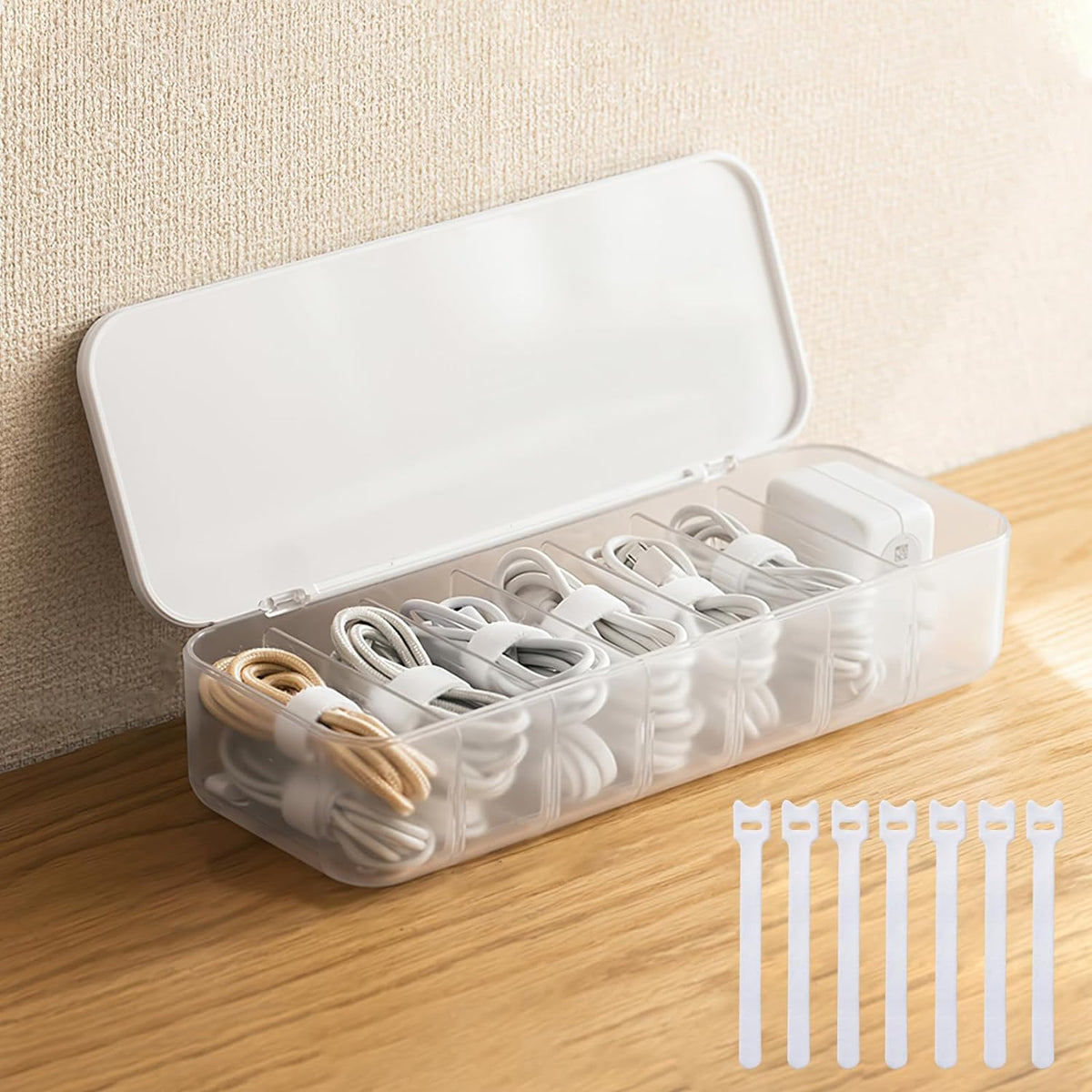 PAVSTINE Cable Organizer Storage Box with Lid, 7 Wire Ties, White