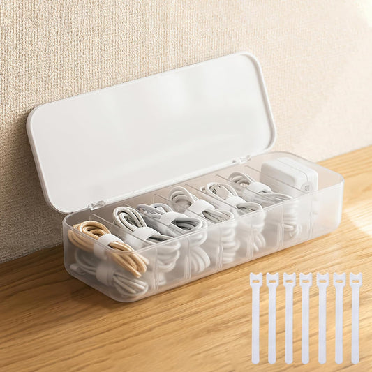 PAVSTINE Cable Organizer Storage Box with Lid, 7 Wire Ties, White
