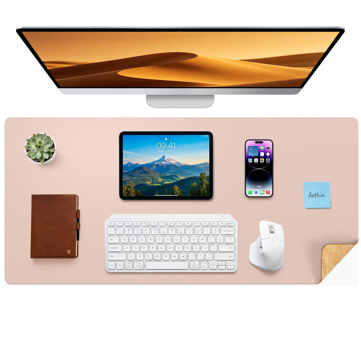 Aothia Double-Sided Desk Pad, 35.4" x 15.7"Leather Desk Mat, Eco Cork Desk Pad Protector,Large Mouse Pad,Waterproof Desk Blotter for Office/Home(Brown)