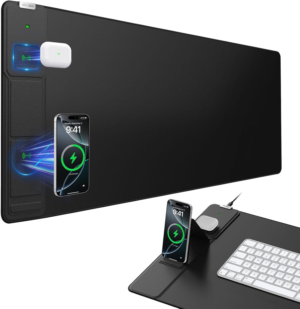 Wireless Charging Mouse Pad with Foldable Phone Holder, 31.5"x15.8", Black